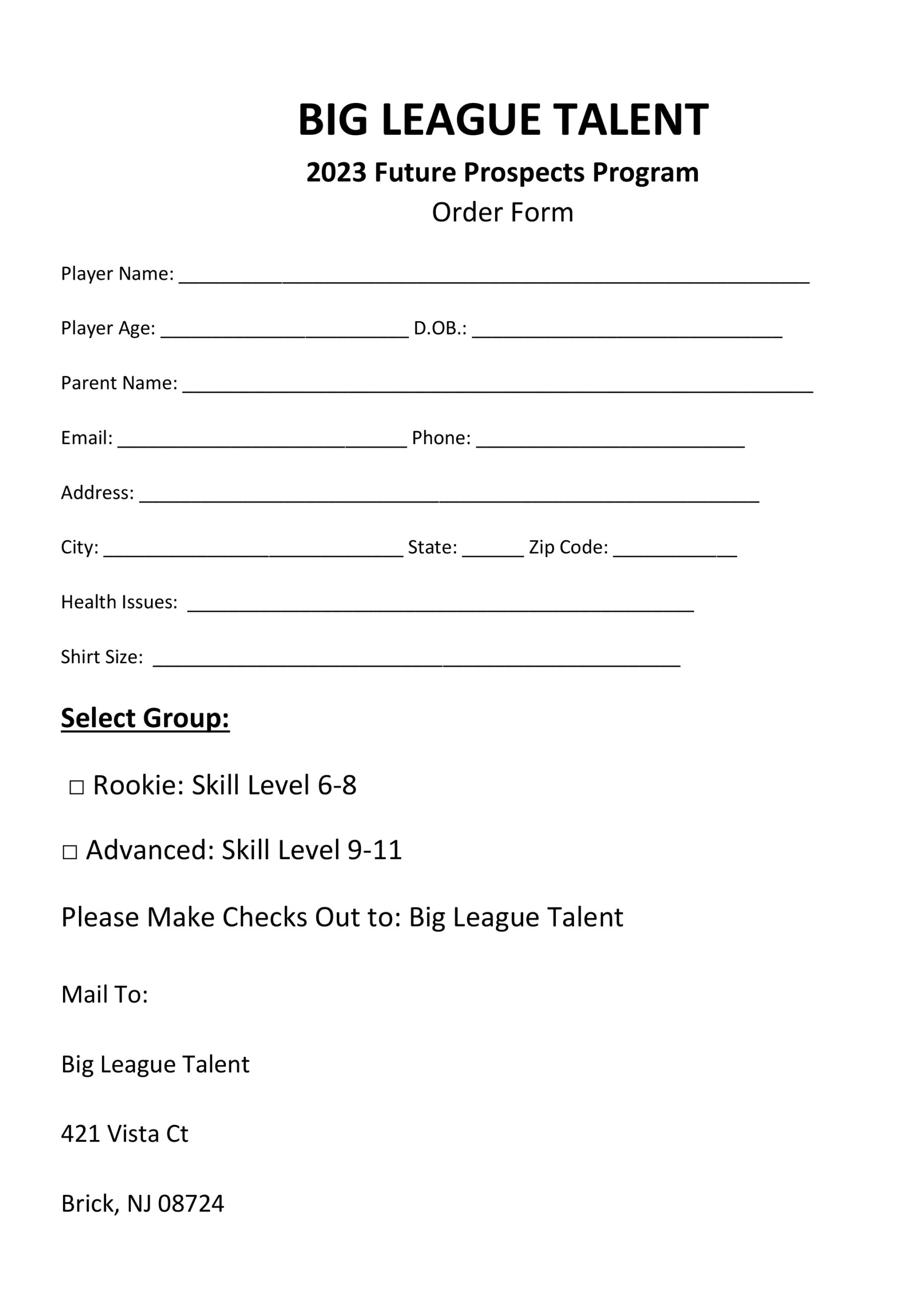 Big League Talent 2023 Future Prospects Flyer-form